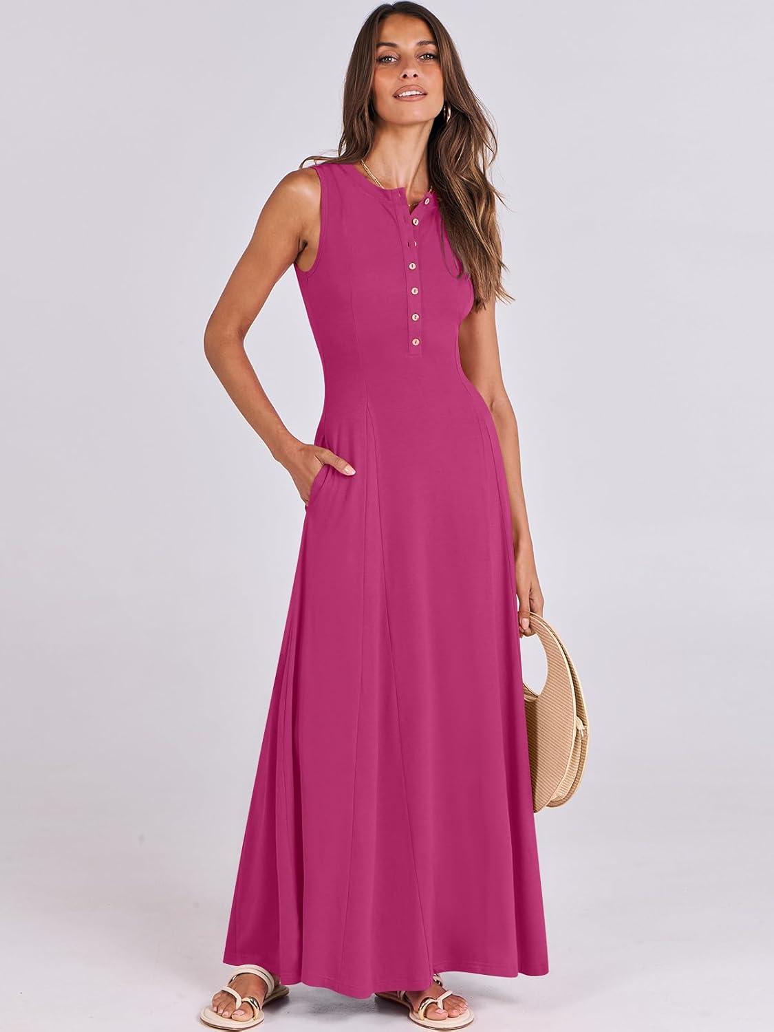 imageANRABESS Women Summer Casual Sleeveless Maxi Sundress Button Fit ampamp Flare ALine Flowy Long Dresses 2025 Beach OutfitsHot Pink