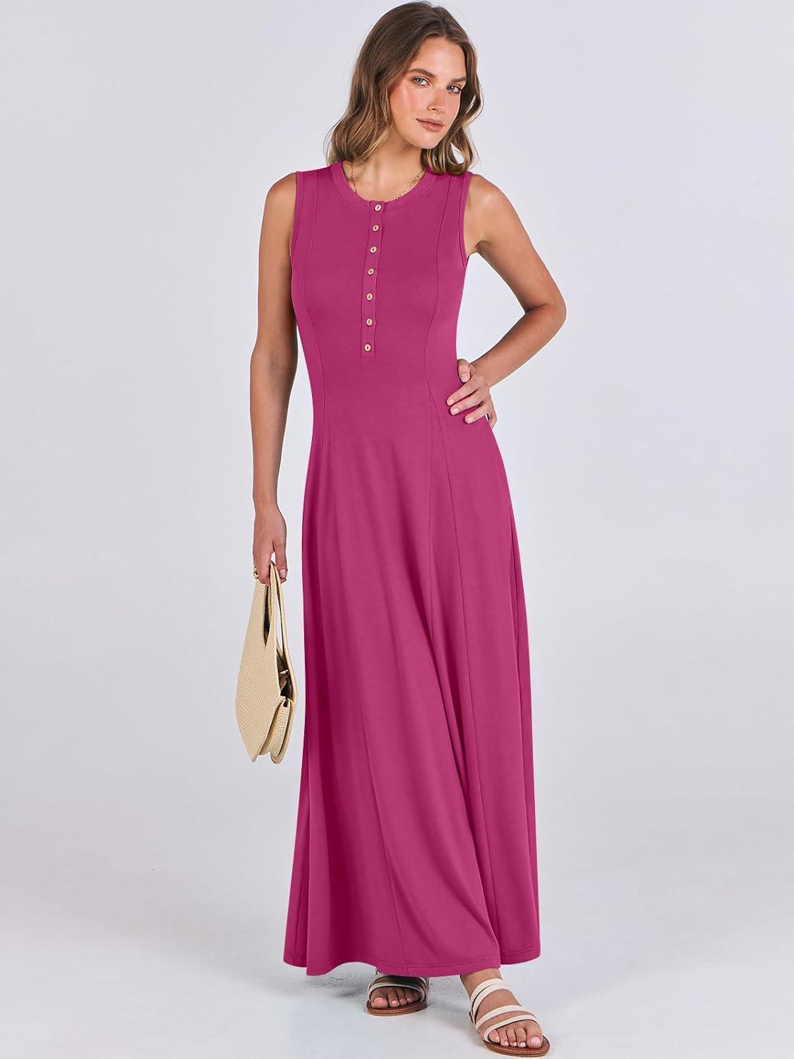 imageANRABESS Women Summer Casual Sleeveless Maxi Sundress Button Fit ampamp Flare ALine Flowy Long Dresses 2025 Beach OutfitsHot Pink