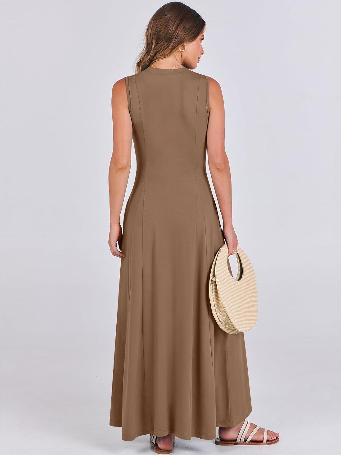 imageANRABESS Women Summer Casual Sleeveless Maxi Sundress Button Fit ampamp Flare ALine Flowy Long Dresses 2025 Beach OutfitsKhaki