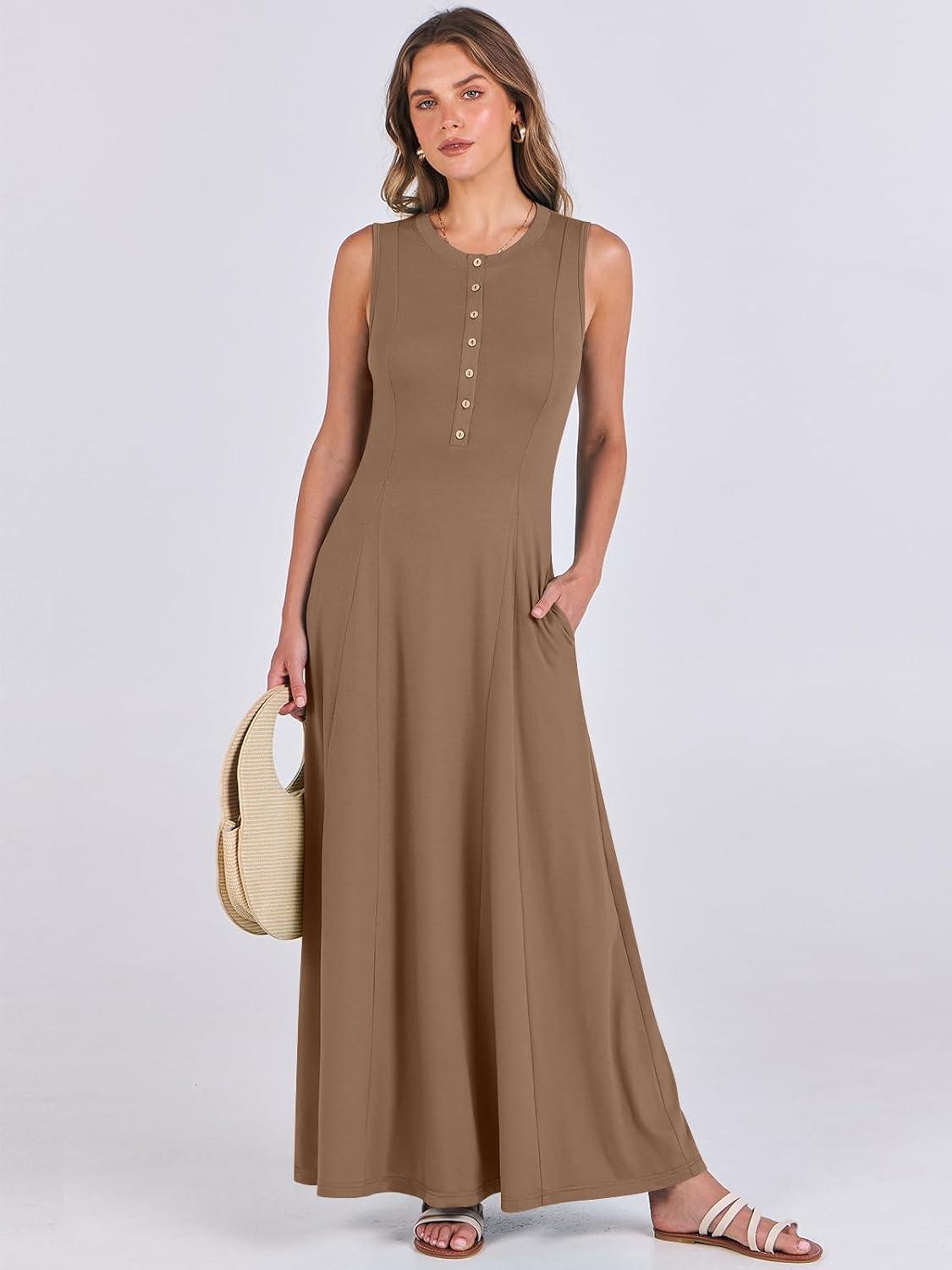 imageANRABESS Women Summer Casual Sleeveless Maxi Sundress Button Fit ampamp Flare ALine Flowy Long Dresses 2025 Beach OutfitsKhaki