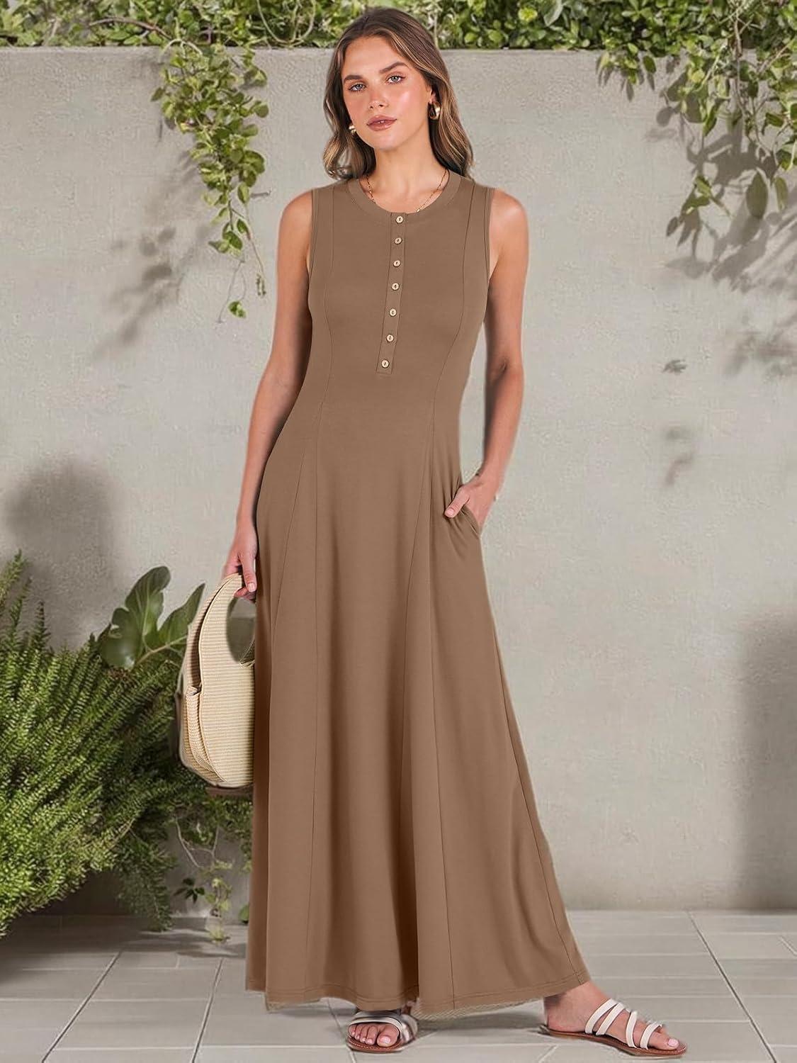 imageANRABESS Women Summer Casual Sleeveless Maxi Sundress Button Fit ampamp Flare ALine Flowy Long Dresses 2025 Beach OutfitsKhaki