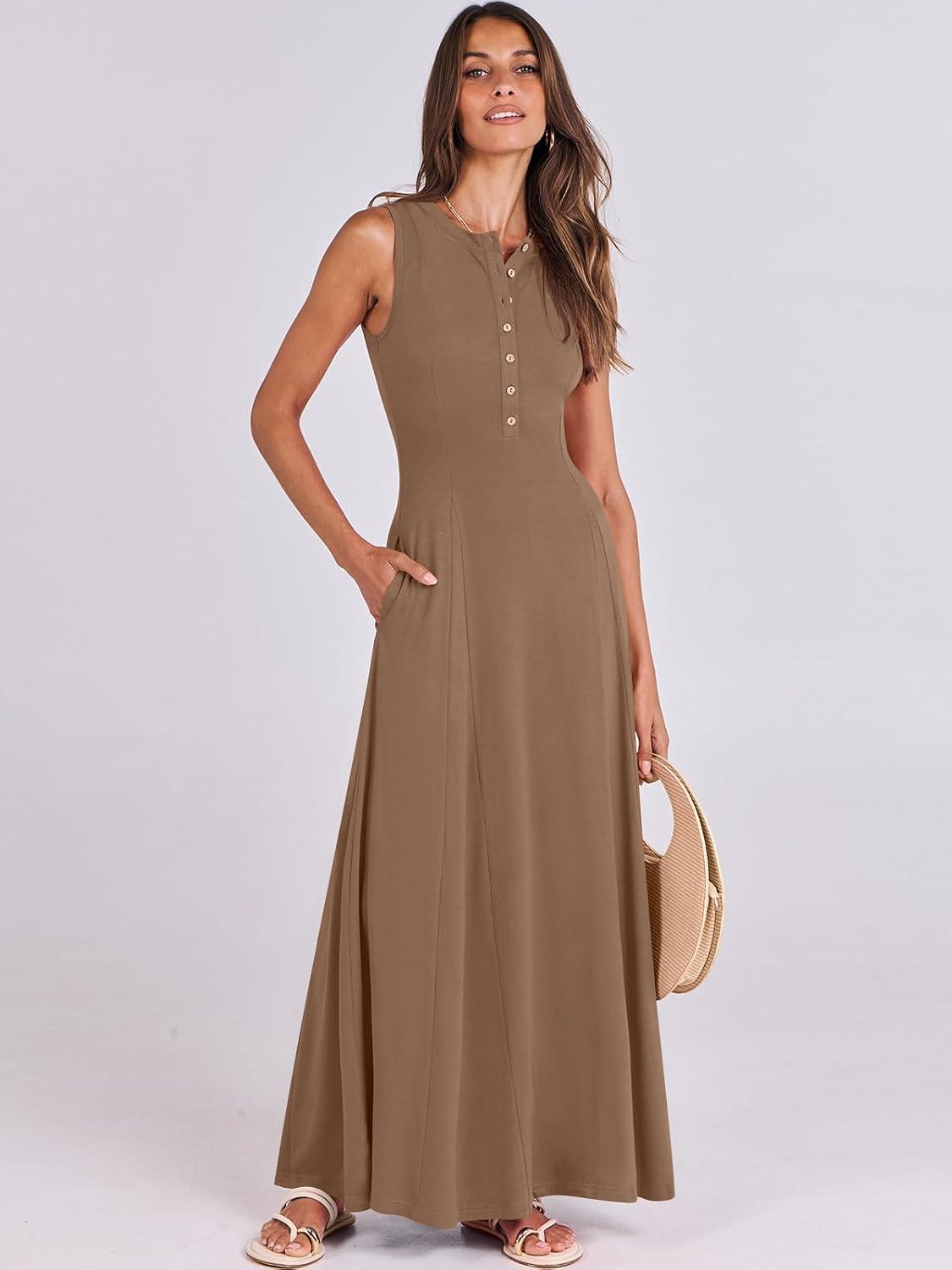 imageANRABESS Women Summer Casual Sleeveless Maxi Sundress Button Fit ampamp Flare ALine Flowy Long Dresses 2025 Beach OutfitsKhaki