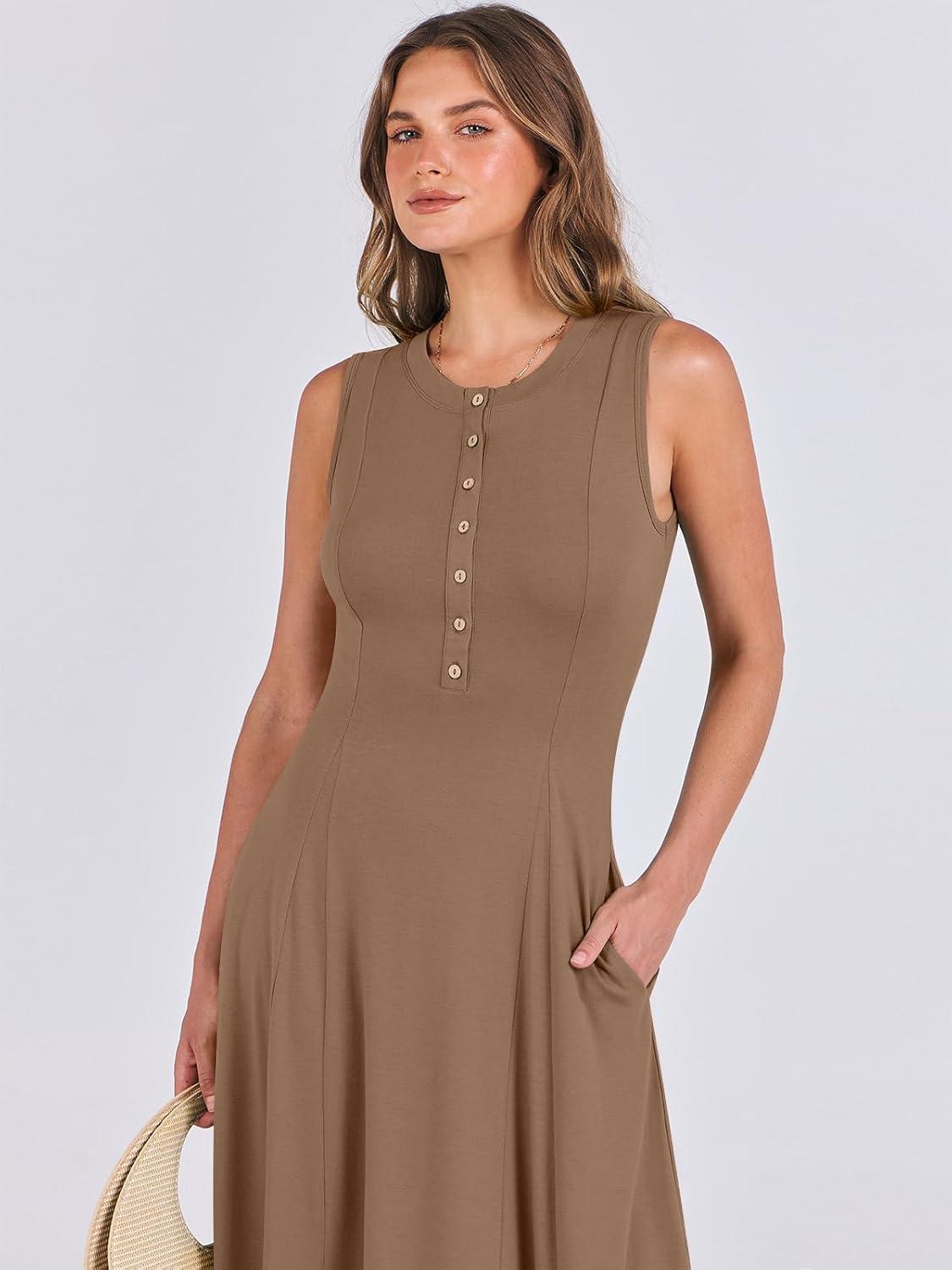 imageANRABESS Women Summer Casual Sleeveless Maxi Sundress Button Fit ampamp Flare ALine Flowy Long Dresses 2025 Beach OutfitsKhaki