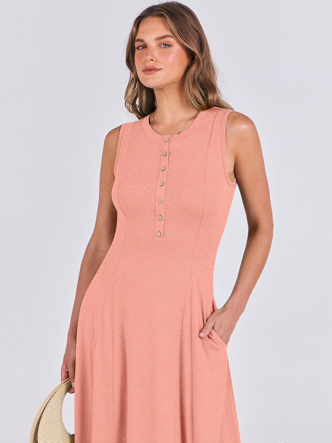 imageANRABESS Women Summer Casual Sleeveless Maxi Sundress Button Fit ampamp Flare ALine Flowy Long Dresses 2025 Beach OutfitsLight Pink