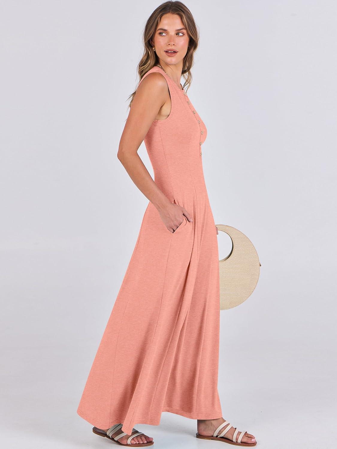 imageANRABESS Women Summer Casual Sleeveless Maxi Sundress Button Fit ampamp Flare ALine Flowy Long Dresses 2025 Beach OutfitsLight Pink