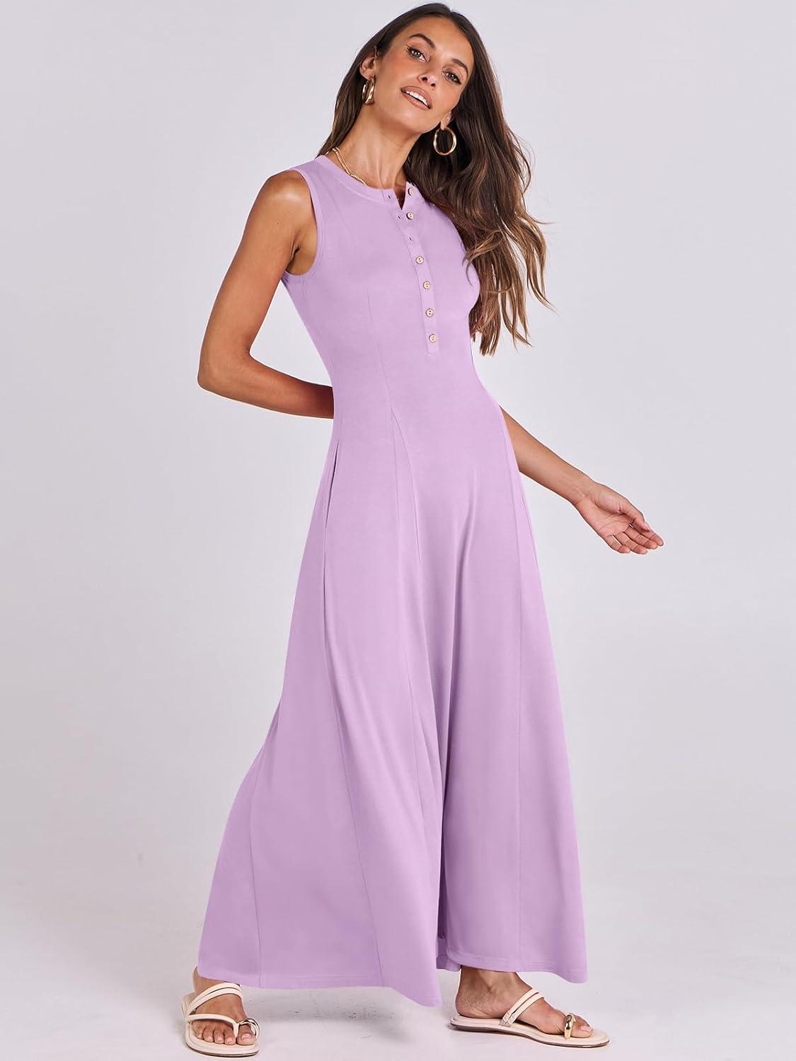 imageANRABESS Women Summer Casual Sleeveless Maxi Sundress Button Fit ampamp Flare ALine Flowy Long Dresses 2025 Beach OutfitsLight Purple
