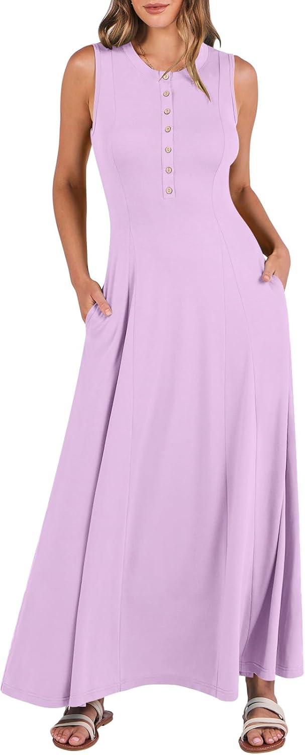 imageANRABESS Women Summer Casual Sleeveless Maxi Sundress Button Fit ampamp Flare ALine Flowy Long Dresses 2025 Beach OutfitsLight Purple