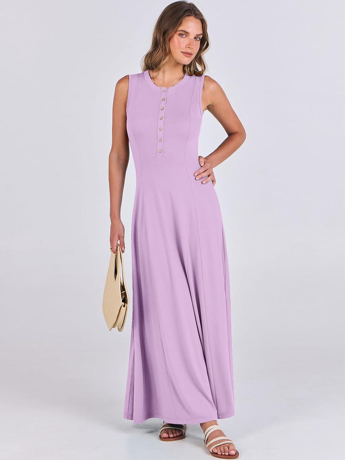 imageANRABESS Women Summer Casual Sleeveless Maxi Sundress Button Fit ampamp Flare ALine Flowy Long Dresses 2025 Beach OutfitsLight Purple