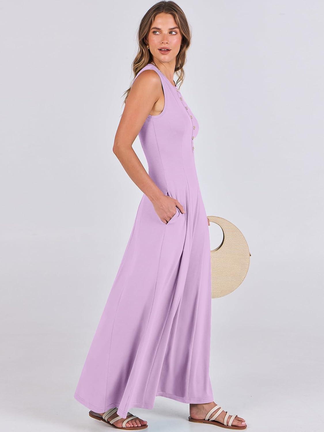 imageANRABESS Women Summer Casual Sleeveless Maxi Sundress Button Fit ampamp Flare ALine Flowy Long Dresses 2025 Beach OutfitsLight Purple