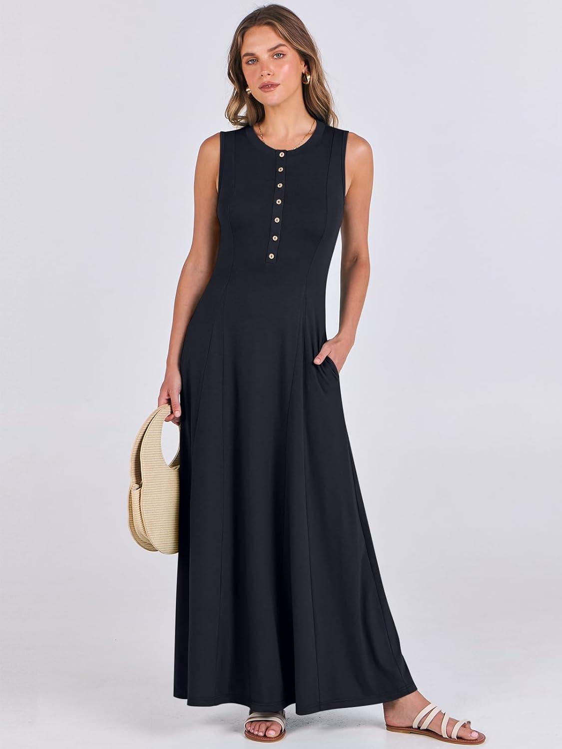 imageANRABESS Women Summer Casual Sleeveless Maxi Sundress Button Fit ampamp Flare ALine Flowy Long Dresses 2025 Beach OutfitsNavy Blue