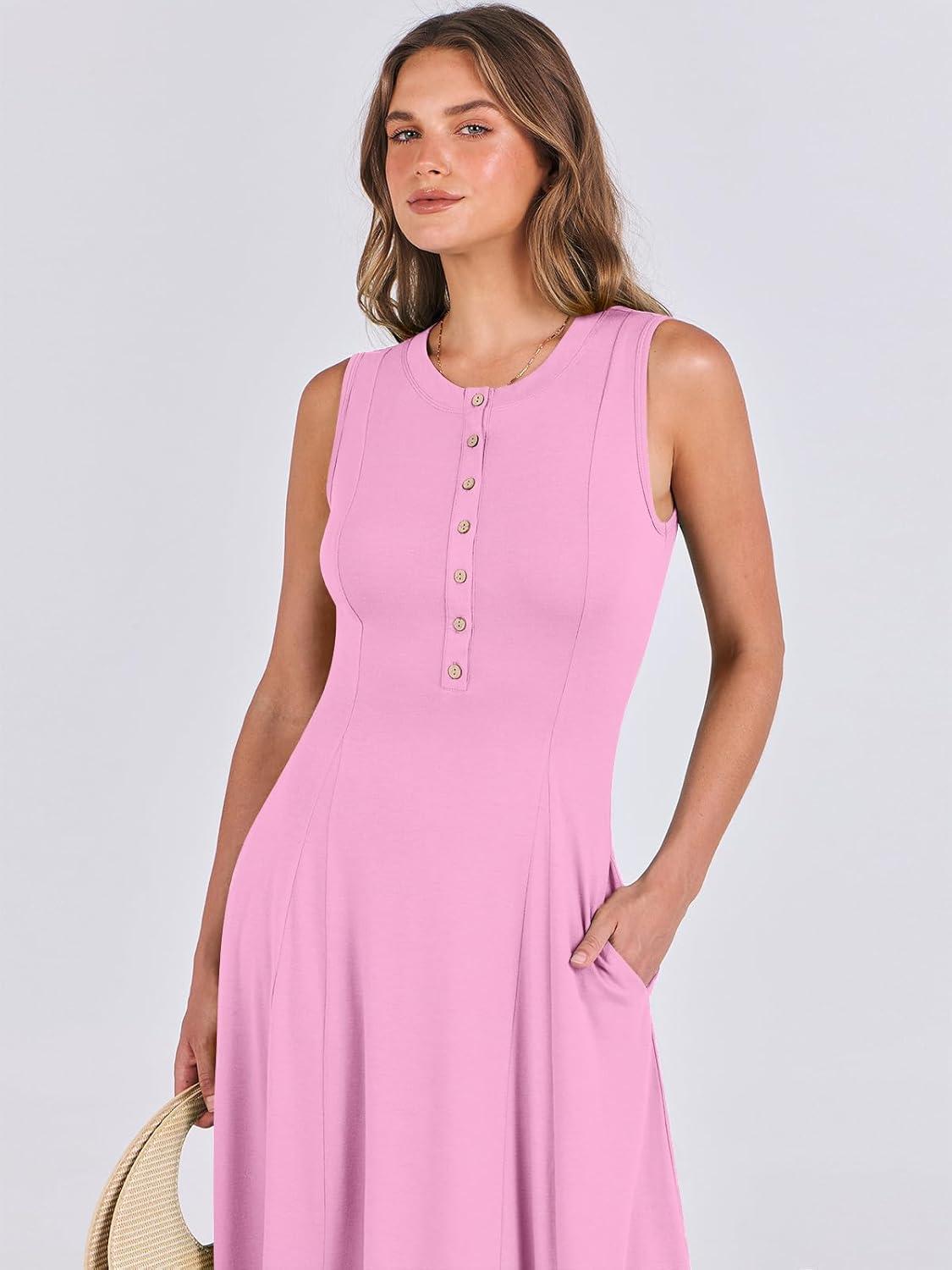 imageANRABESS Women Summer Casual Sleeveless Maxi Sundress Button Fit ampamp Flare ALine Flowy Long Dresses 2025 Beach OutfitsPink