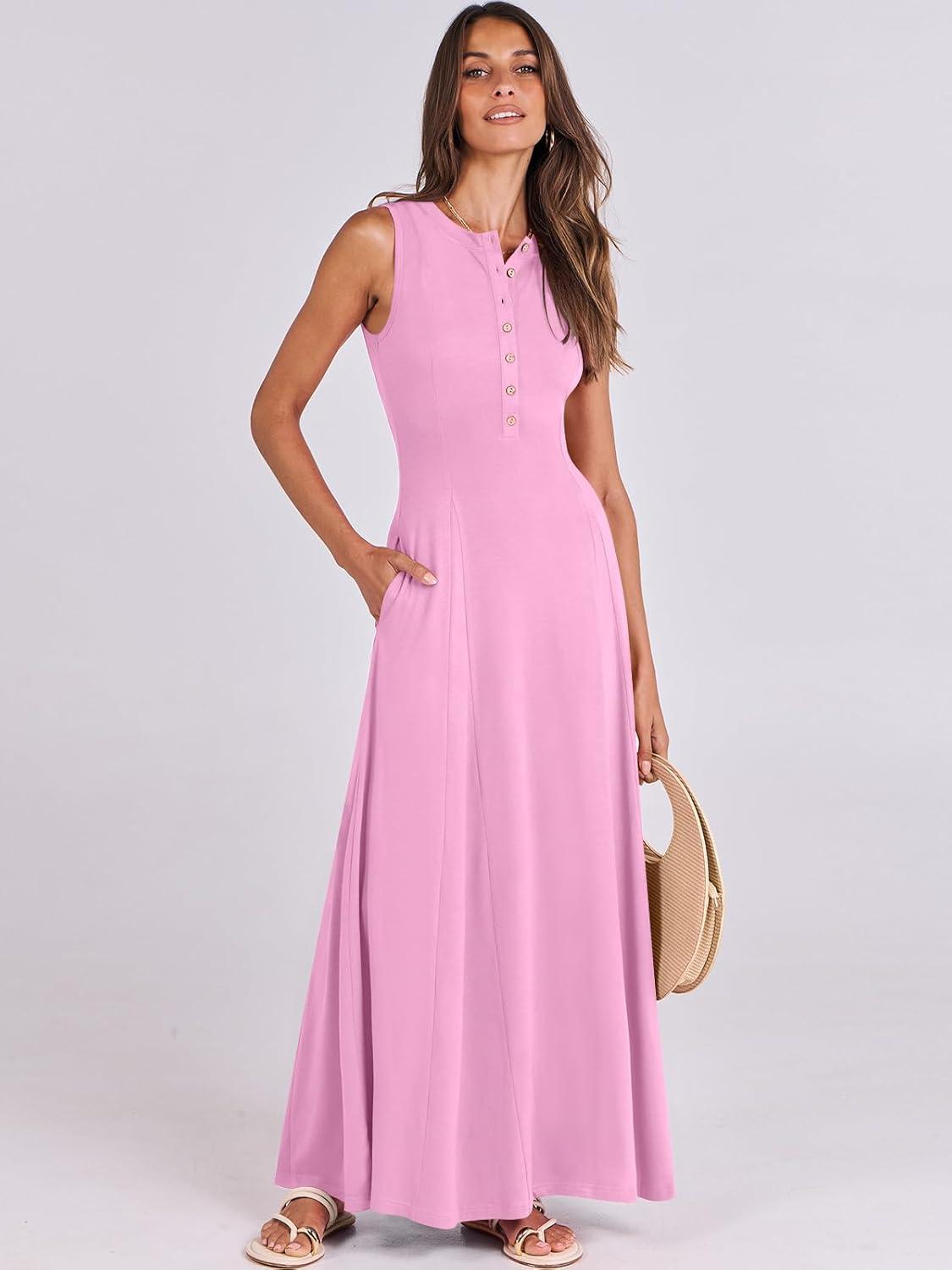 imageANRABESS Women Summer Casual Sleeveless Maxi Sundress Button Fit ampamp Flare ALine Flowy Long Dresses 2025 Beach OutfitsPink