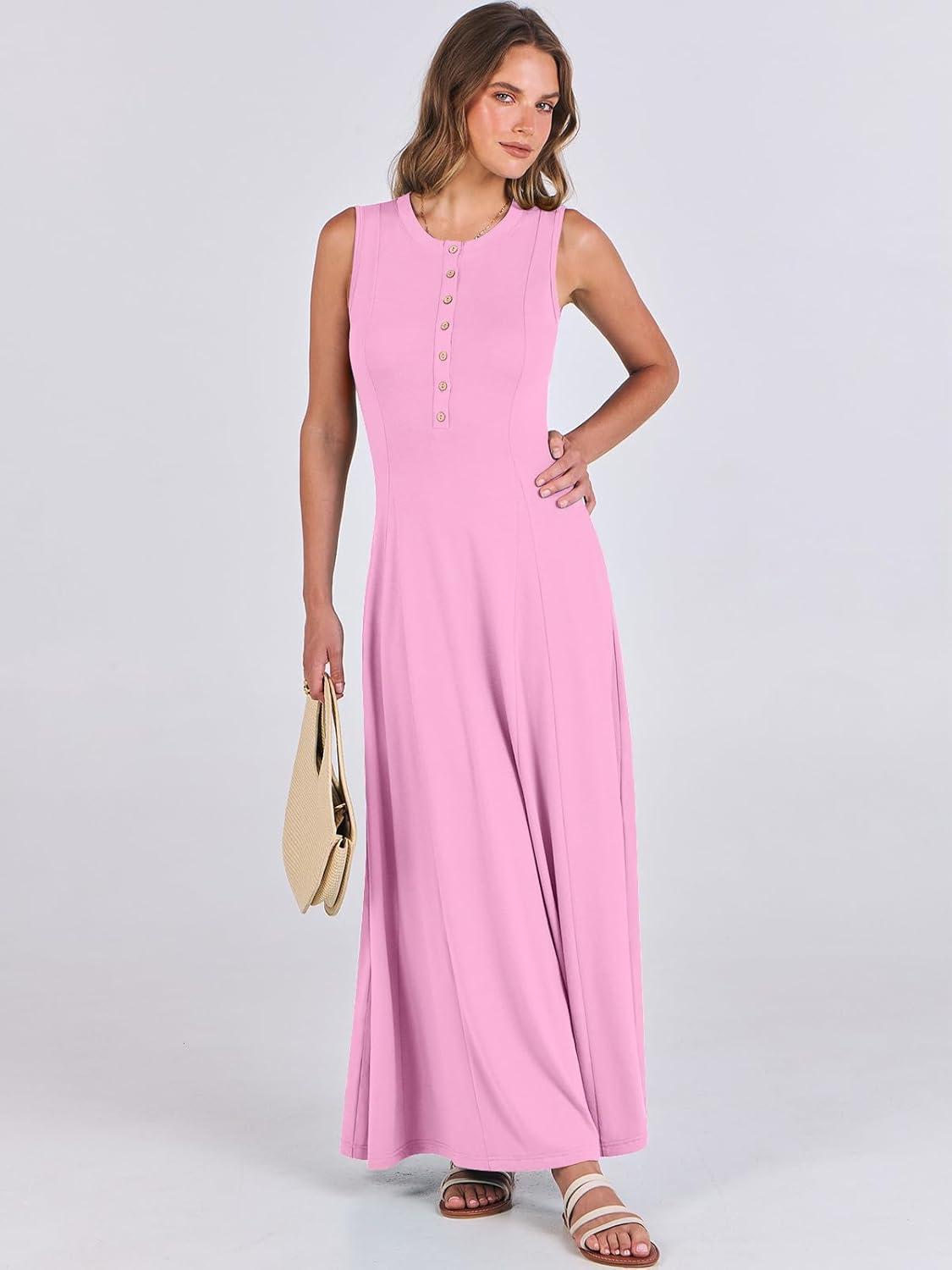 imageANRABESS Women Summer Casual Sleeveless Maxi Sundress Button Fit ampamp Flare ALine Flowy Long Dresses 2025 Beach OutfitsPink