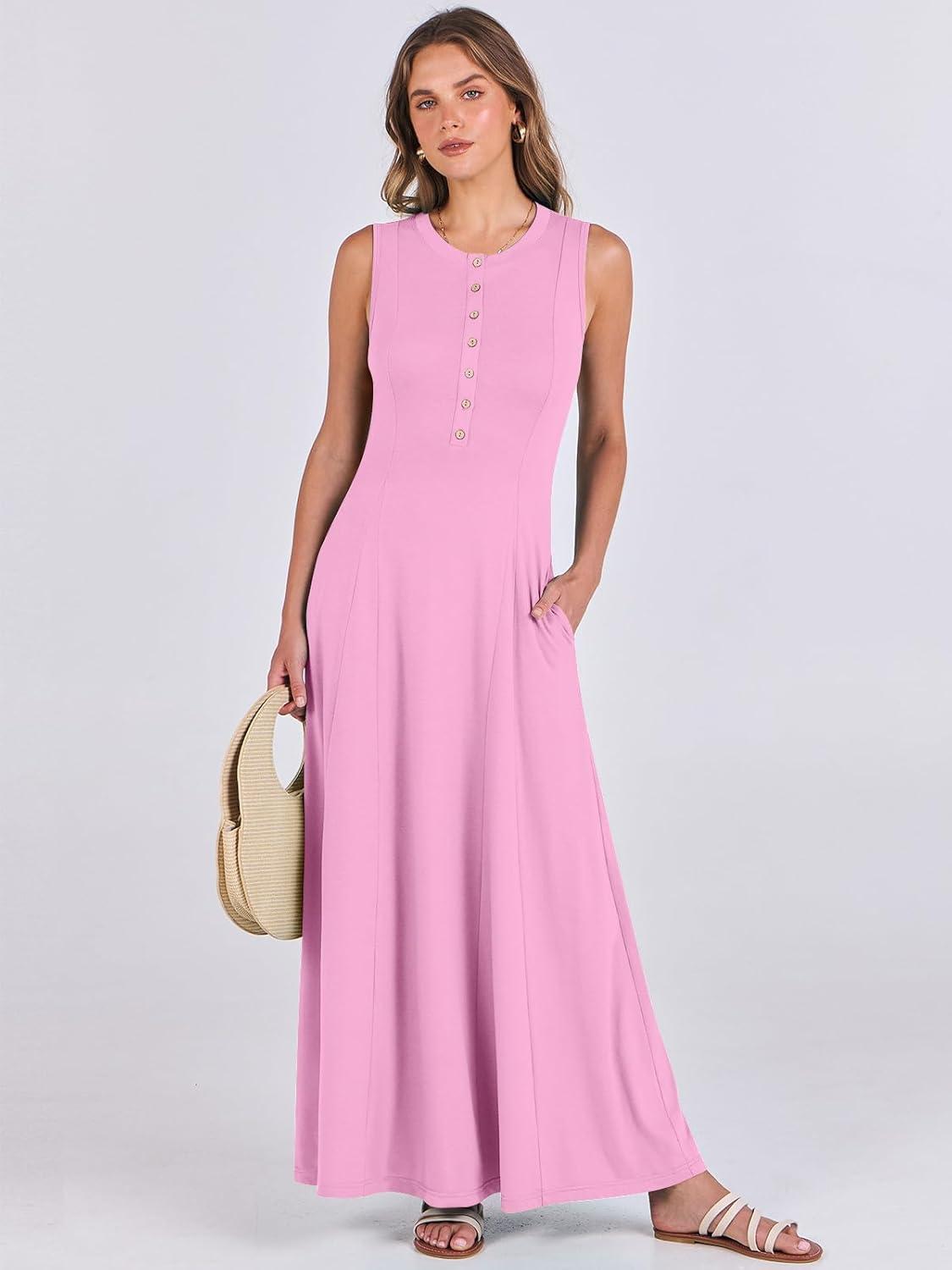 imageANRABESS Women Summer Casual Sleeveless Maxi Sundress Button Fit ampamp Flare ALine Flowy Long Dresses 2025 Beach OutfitsPink