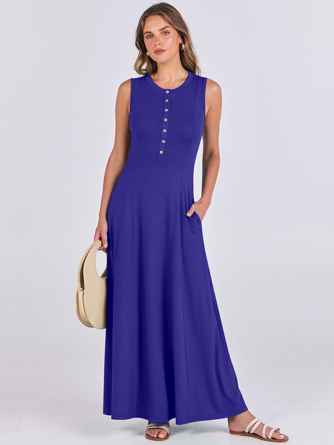 imageANRABESS Women Summer Casual Sleeveless Maxi Sundress Button Fit ampamp Flare ALine Flowy Long Dresses 2025 Beach OutfitsRoyal Blue