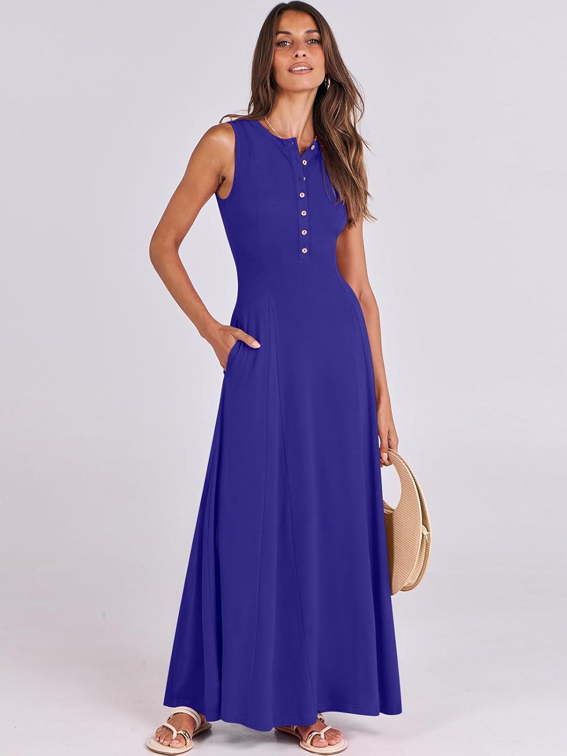 imageANRABESS Women Summer Casual Sleeveless Maxi Sundress Button Fit ampamp Flare ALine Flowy Long Dresses 2025 Beach OutfitsRoyal Blue