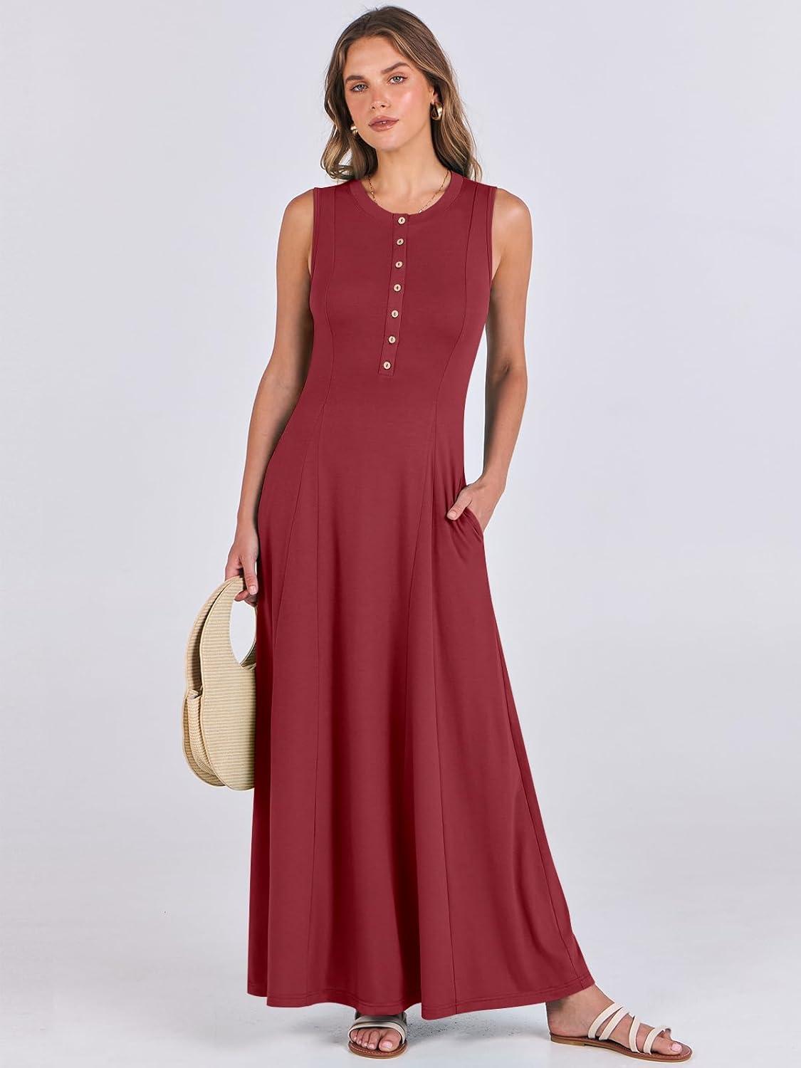 imageANRABESS Women Summer Casual Sleeveless Maxi Sundress Button Fit ampamp Flare ALine Flowy Long Dresses 2025 Beach OutfitsWine Red