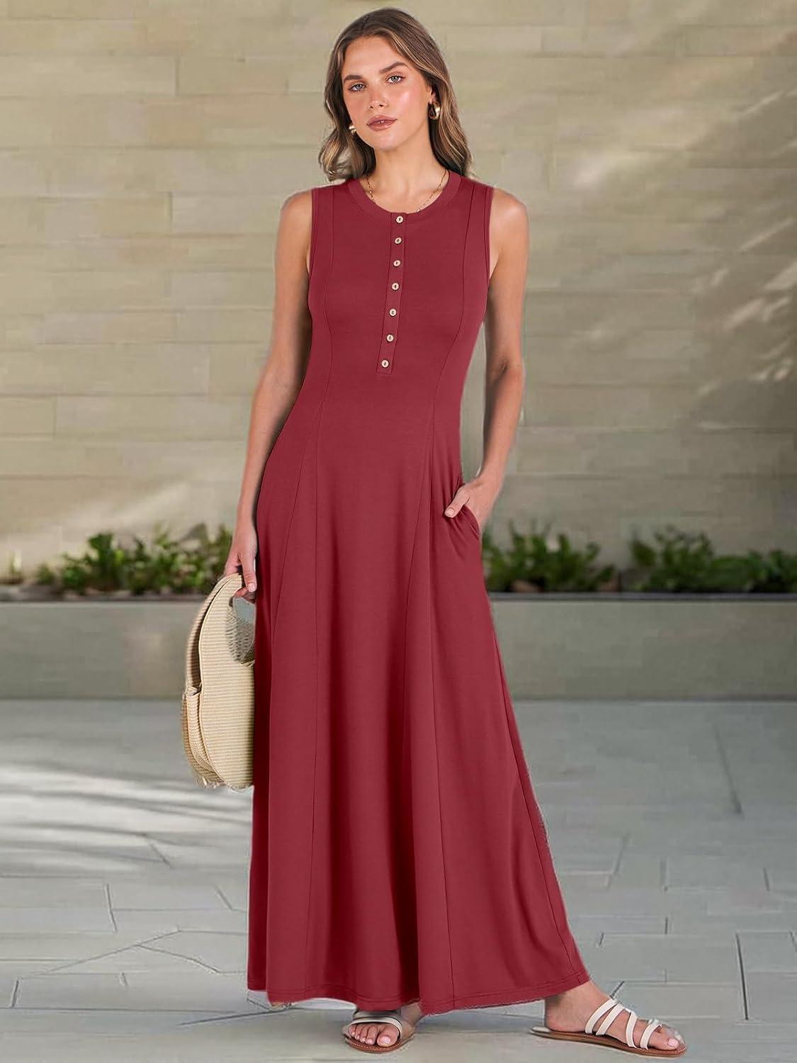 imageANRABESS Women Summer Casual Sleeveless Maxi Sundress Button Fit ampamp Flare ALine Flowy Long Dresses 2025 Beach OutfitsWine Red