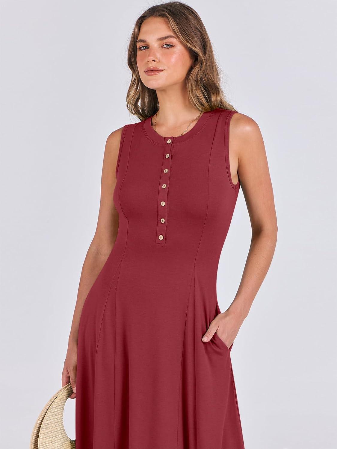 imageANRABESS Women Summer Casual Sleeveless Maxi Sundress Button Fit ampamp Flare ALine Flowy Long Dresses 2025 Beach OutfitsWine Red