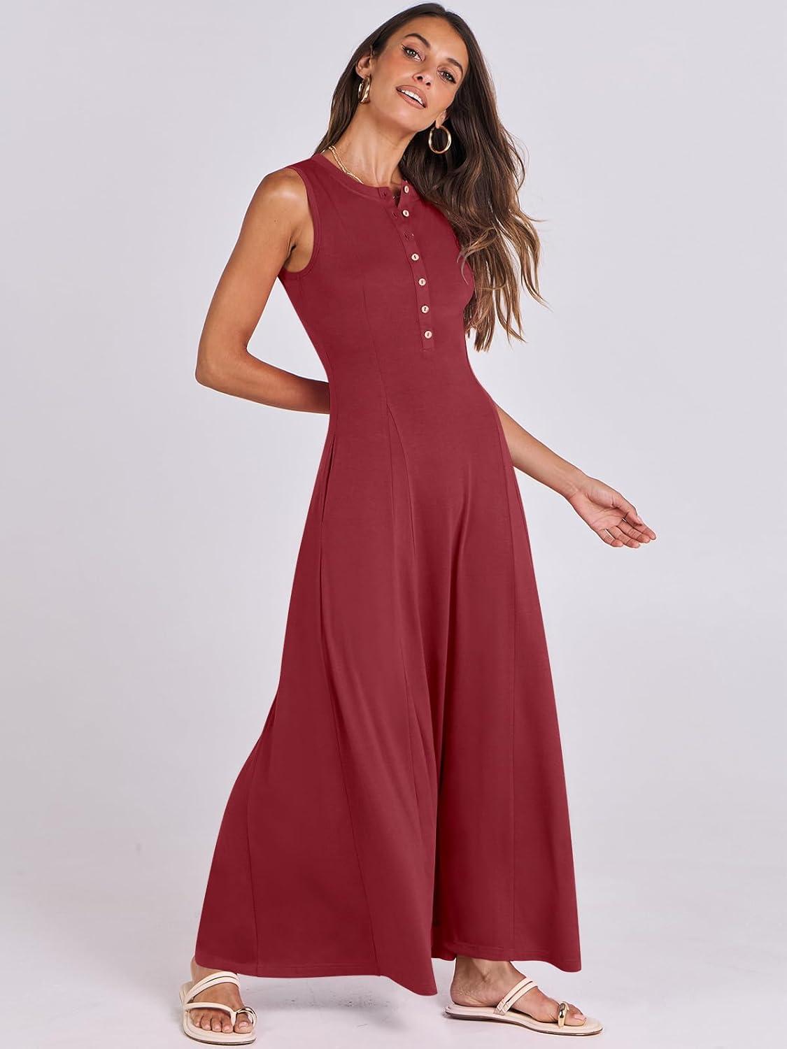 imageANRABESS Women Summer Casual Sleeveless Maxi Sundress Button Fit ampamp Flare ALine Flowy Long Dresses 2025 Beach OutfitsWine Red