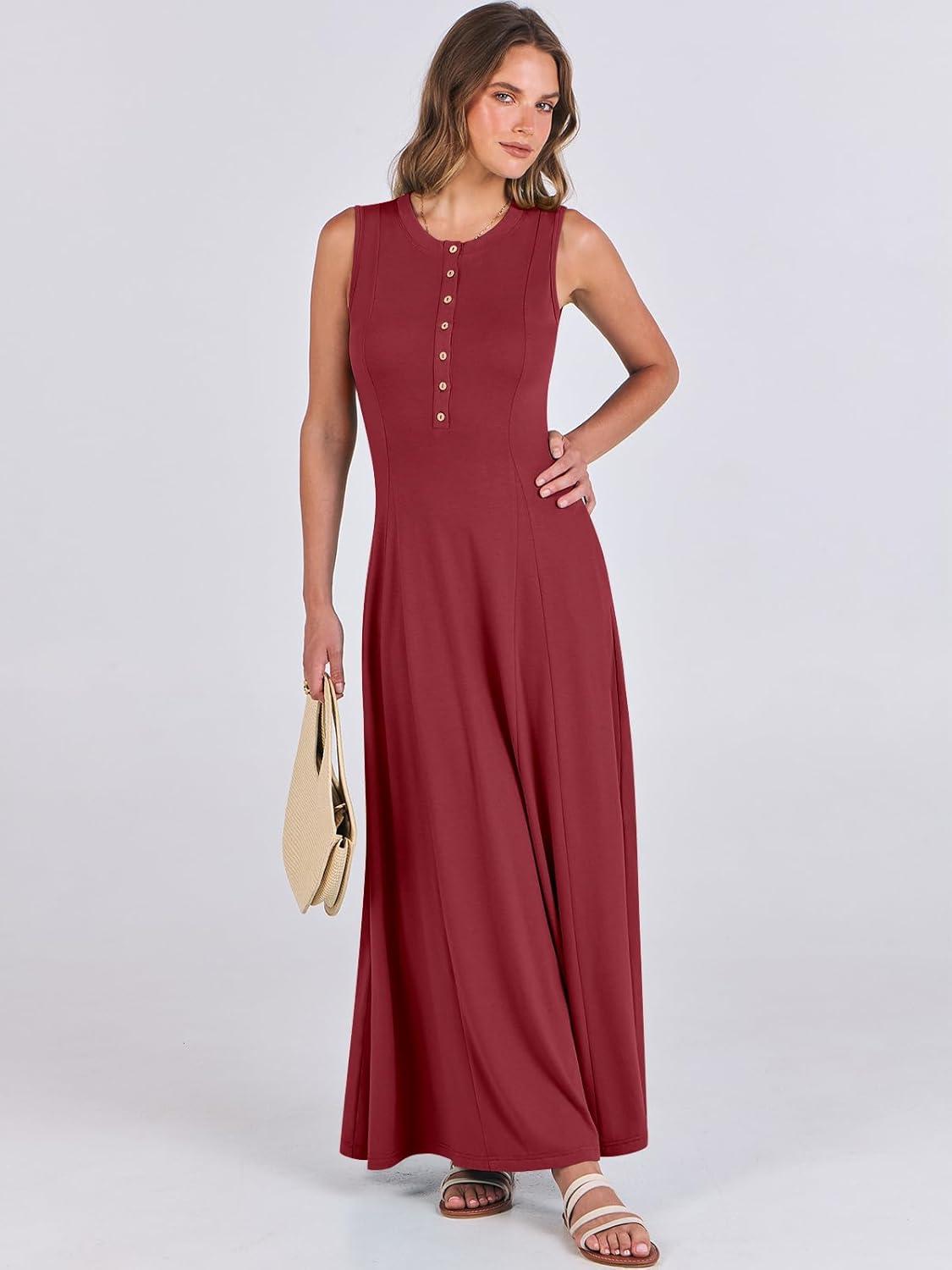 imageANRABESS Women Summer Casual Sleeveless Maxi Sundress Button Fit ampamp Flare ALine Flowy Long Dresses 2025 Beach OutfitsWine Red
