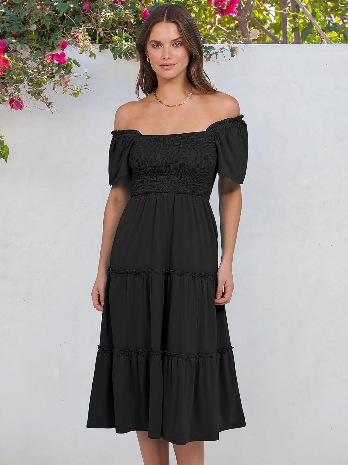 imageANRABESS Women Summer Casual Square Neck Flutter Sleeve Boho Smocked ALine Flowy Tiered Modest Midi Sun Dress with PocketsBlack