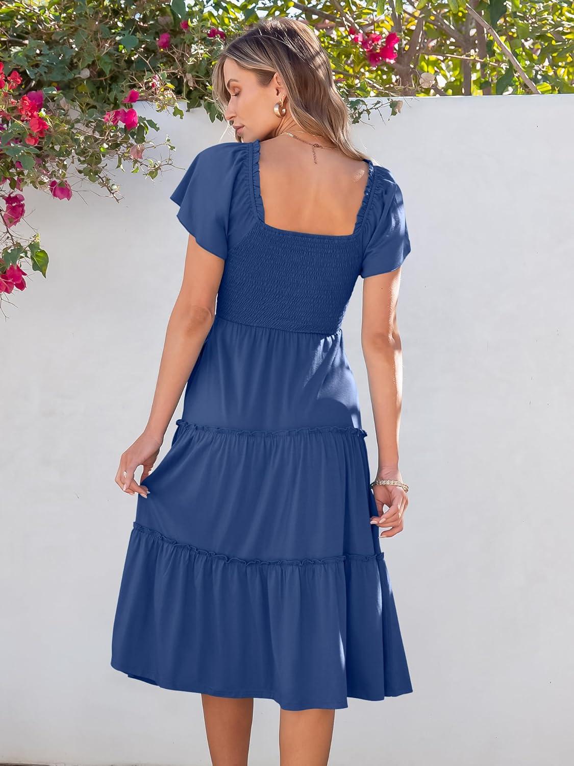 imageANRABESS Women Summer Casual Square Neck Flutter Sleeve Boho Smocked ALine Flowy Tiered Modest Midi Sun Dress with PocketsBlue