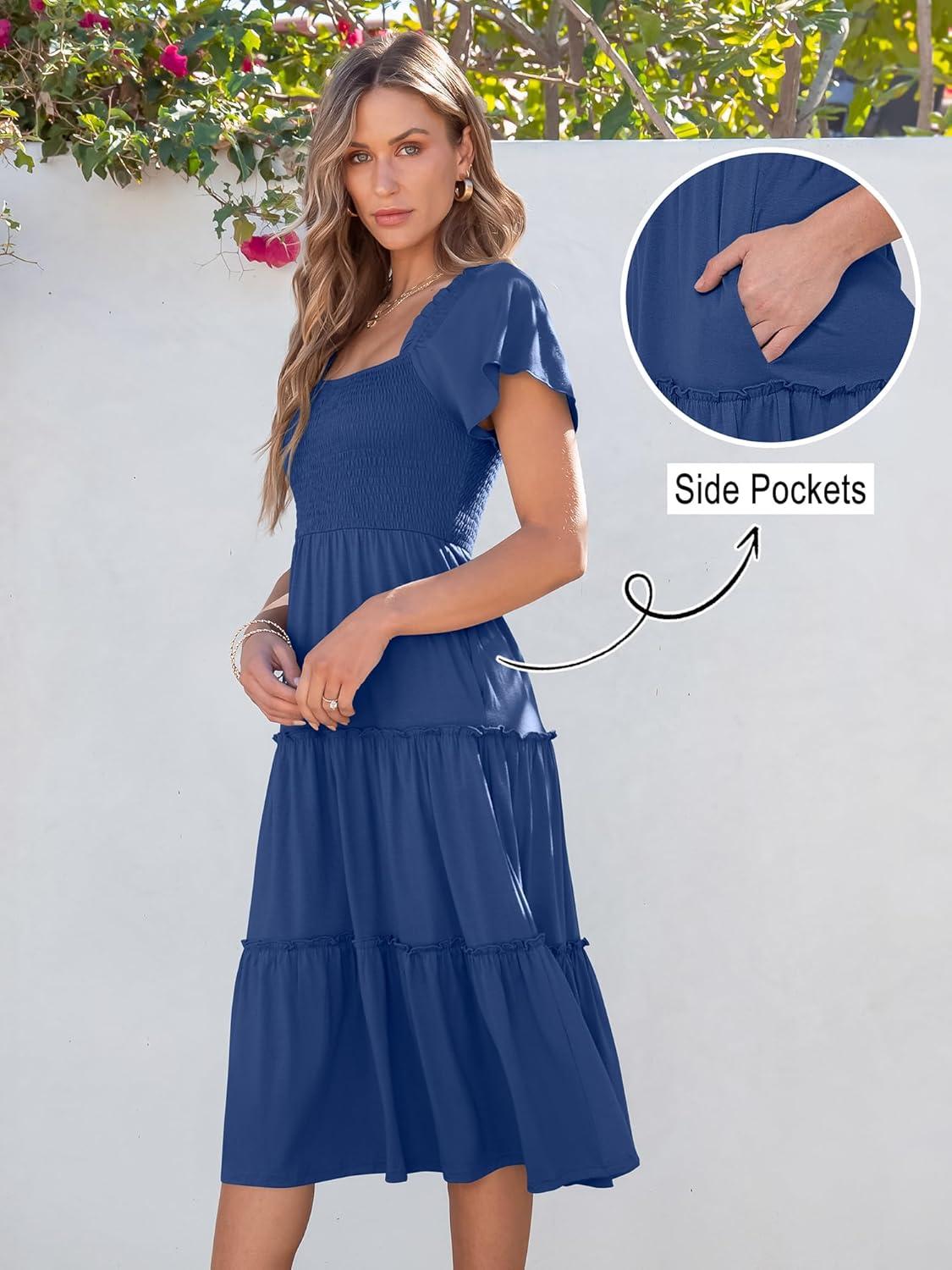 imageANRABESS Women Summer Casual Square Neck Flutter Sleeve Boho Smocked ALine Flowy Tiered Modest Midi Sun Dress with PocketsBlue