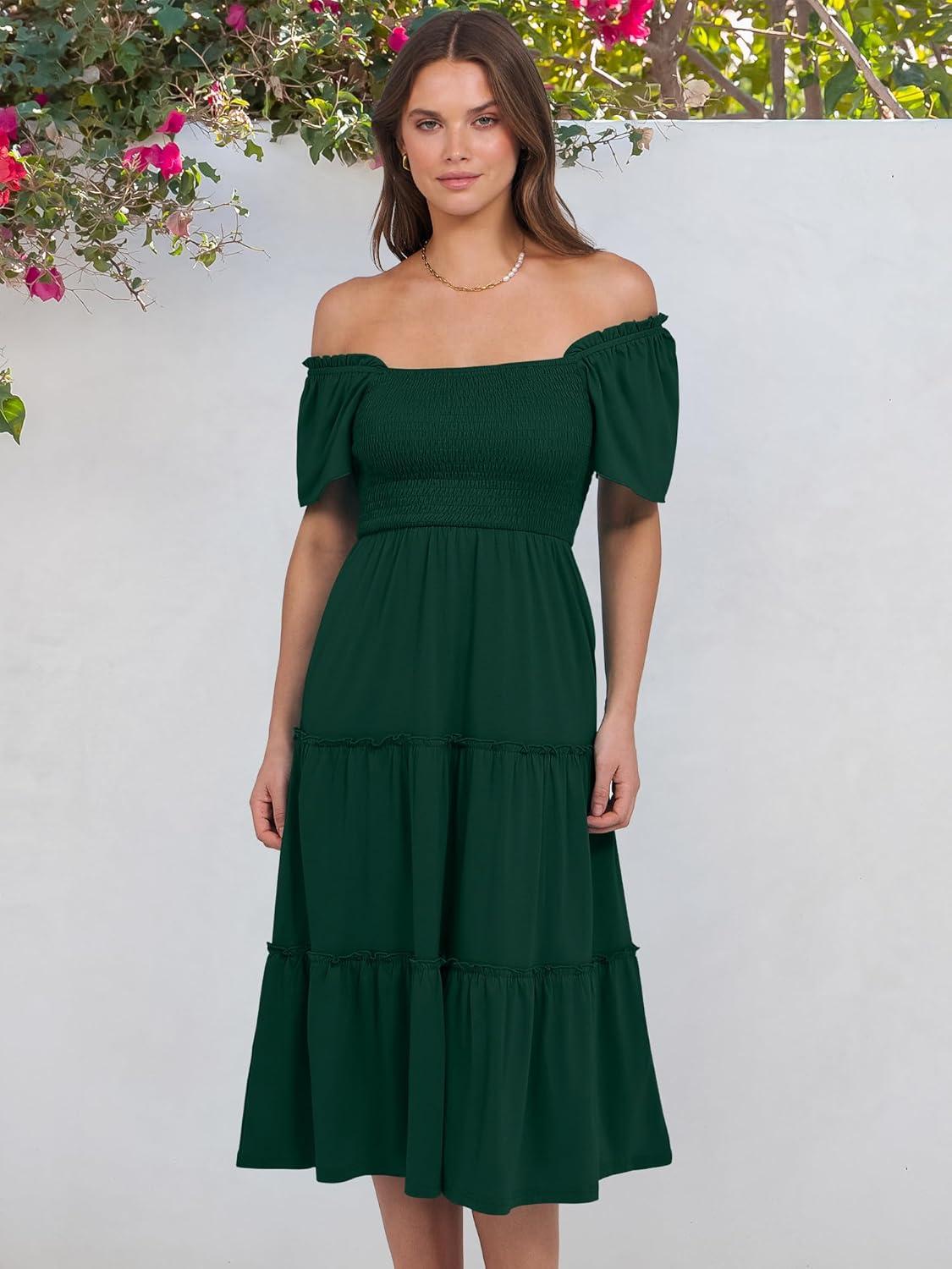 imageANRABESS Women Summer Casual Square Neck Flutter Sleeve Boho Smocked ALine Flowy Tiered Modest Midi Sun Dress with PocketsDark Green