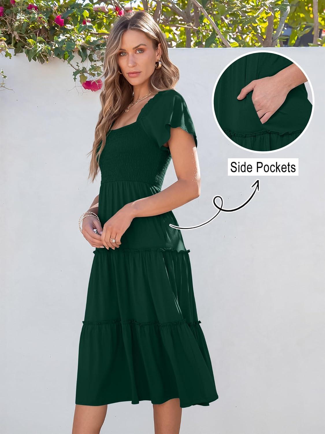 imageANRABESS Women Summer Casual Square Neck Flutter Sleeve Boho Smocked ALine Flowy Tiered Modest Midi Sun Dress with PocketsDark Green