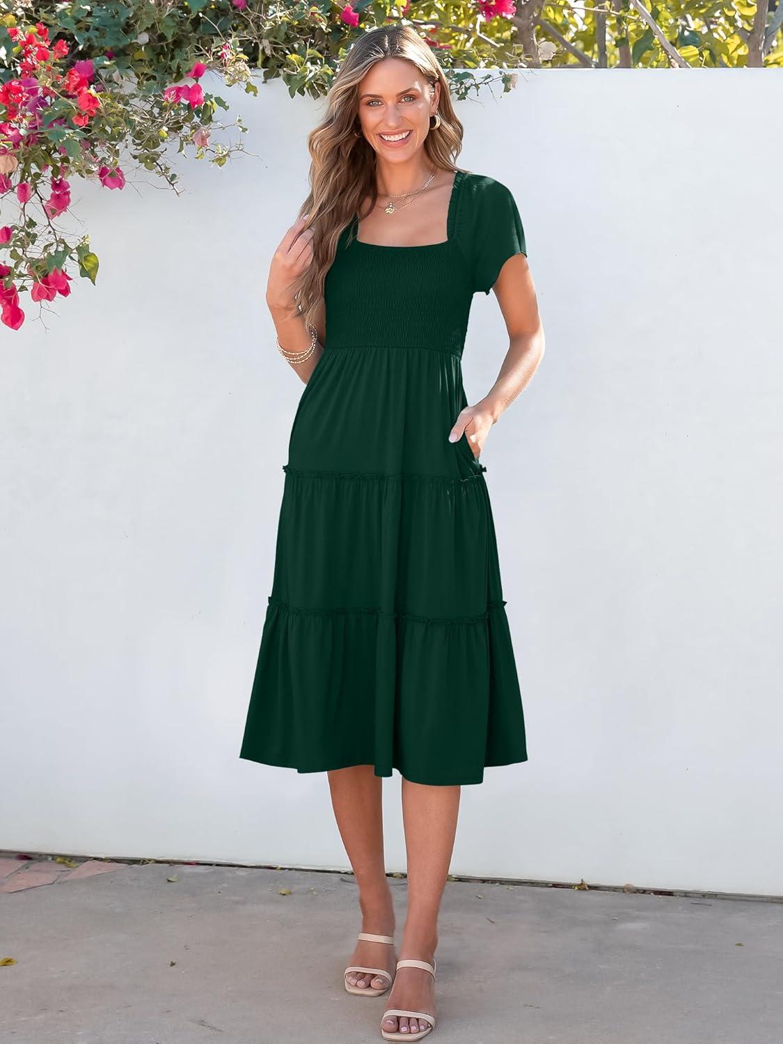 imageANRABESS Women Summer Casual Square Neck Flutter Sleeve Boho Smocked ALine Flowy Tiered Modest Midi Sun Dress with PocketsDark Green
