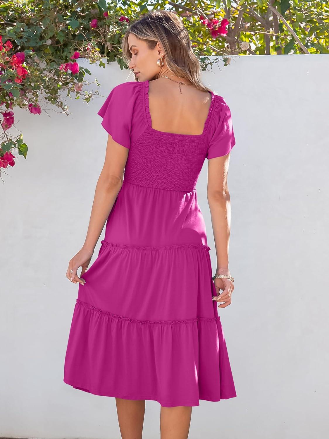 imageANRABESS Women Summer Casual Square Neck Flutter Sleeve Boho Smocked ALine Flowy Tiered Modest Midi Sun Dress with PocketsHot Pink