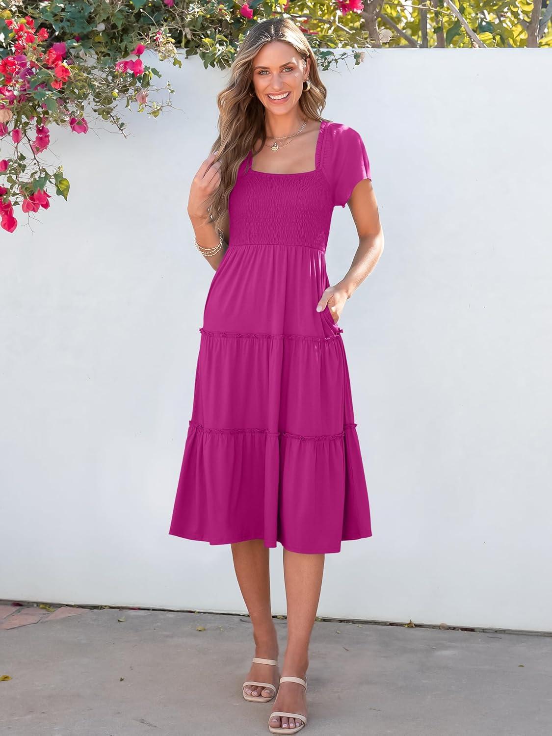 imageANRABESS Women Summer Casual Square Neck Flutter Sleeve Boho Smocked ALine Flowy Tiered Modest Midi Sun Dress with PocketsHot Pink