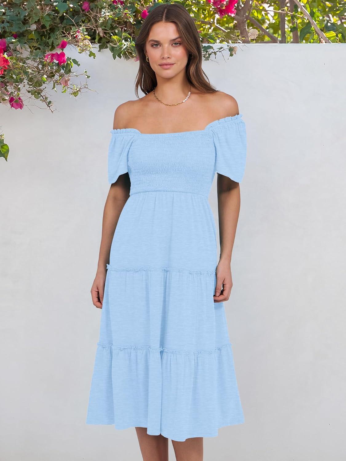 imageANRABESS Women Summer Casual Square Neck Flutter Sleeve Boho Smocked ALine Flowy Tiered Modest Midi Sun Dress with PocketsLight Blue