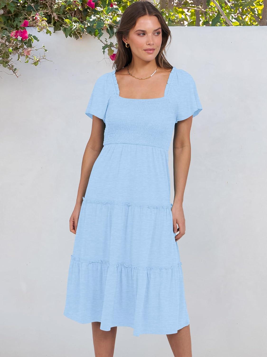 imageANRABESS Women Summer Casual Square Neck Flutter Sleeve Boho Smocked ALine Flowy Tiered Modest Midi Sun Dress with PocketsLight Blue