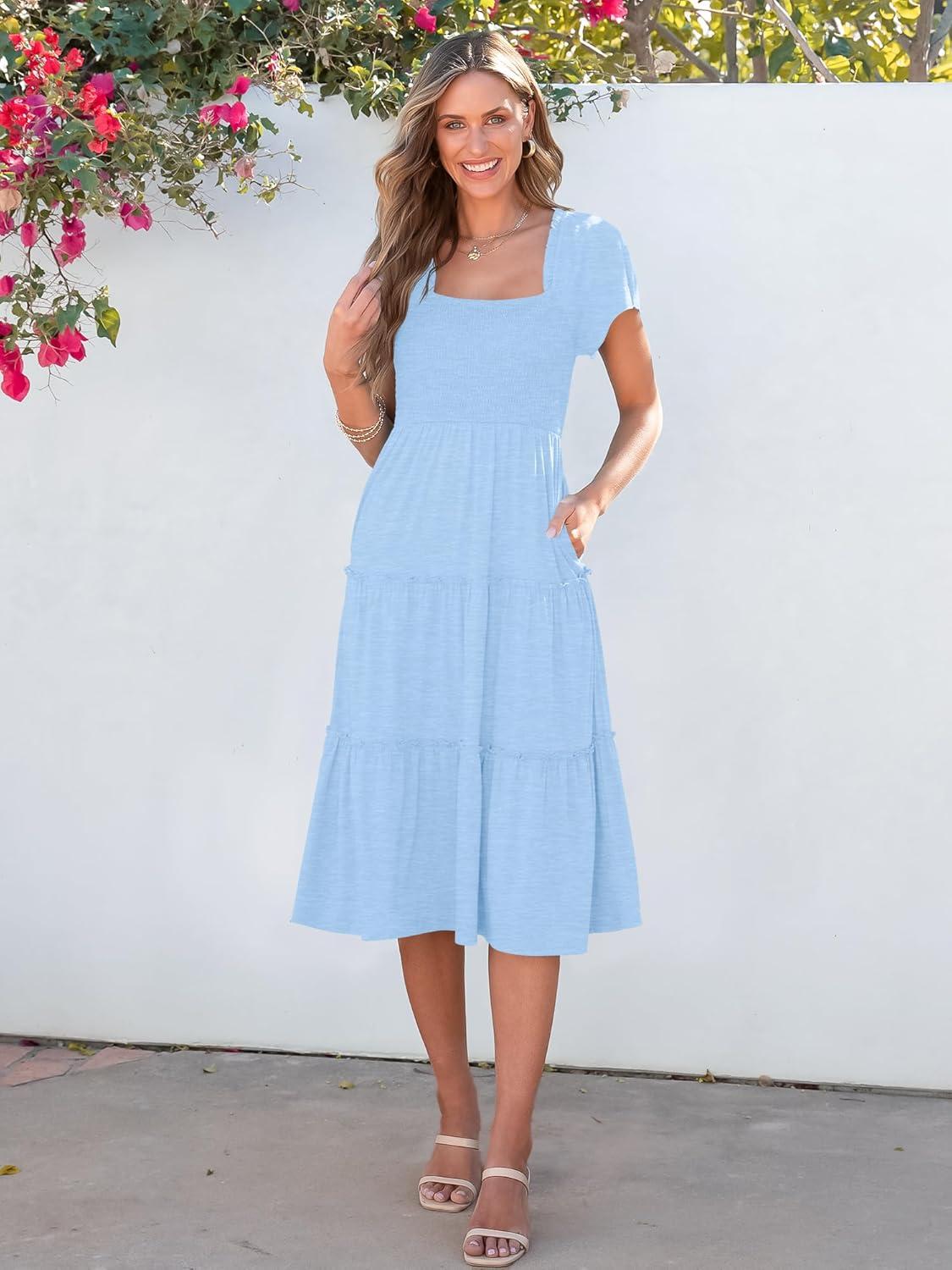 imageANRABESS Women Summer Casual Square Neck Flutter Sleeve Boho Smocked ALine Flowy Tiered Modest Midi Sun Dress with PocketsLight Blue
