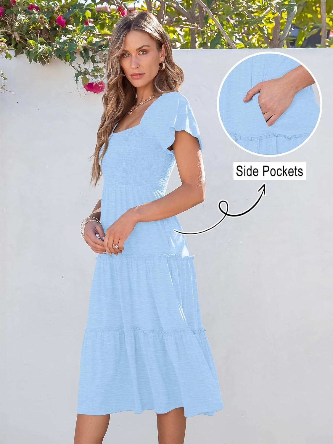 imageANRABESS Women Summer Casual Square Neck Flutter Sleeve Boho Smocked ALine Flowy Tiered Modest Midi Sun Dress with PocketsLight Blue