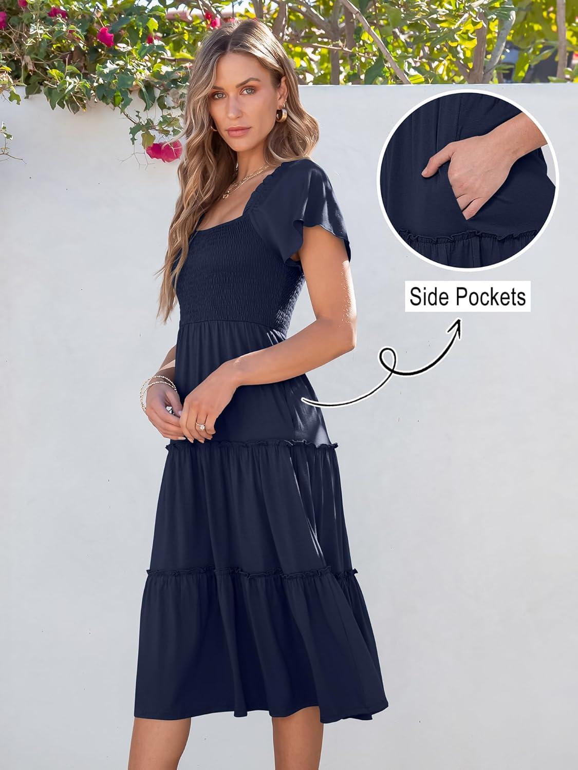 imageANRABESS Women Summer Casual Square Neck Flutter Sleeve Boho Smocked ALine Flowy Tiered Modest Midi Sun Dress with PocketsNavy Blue