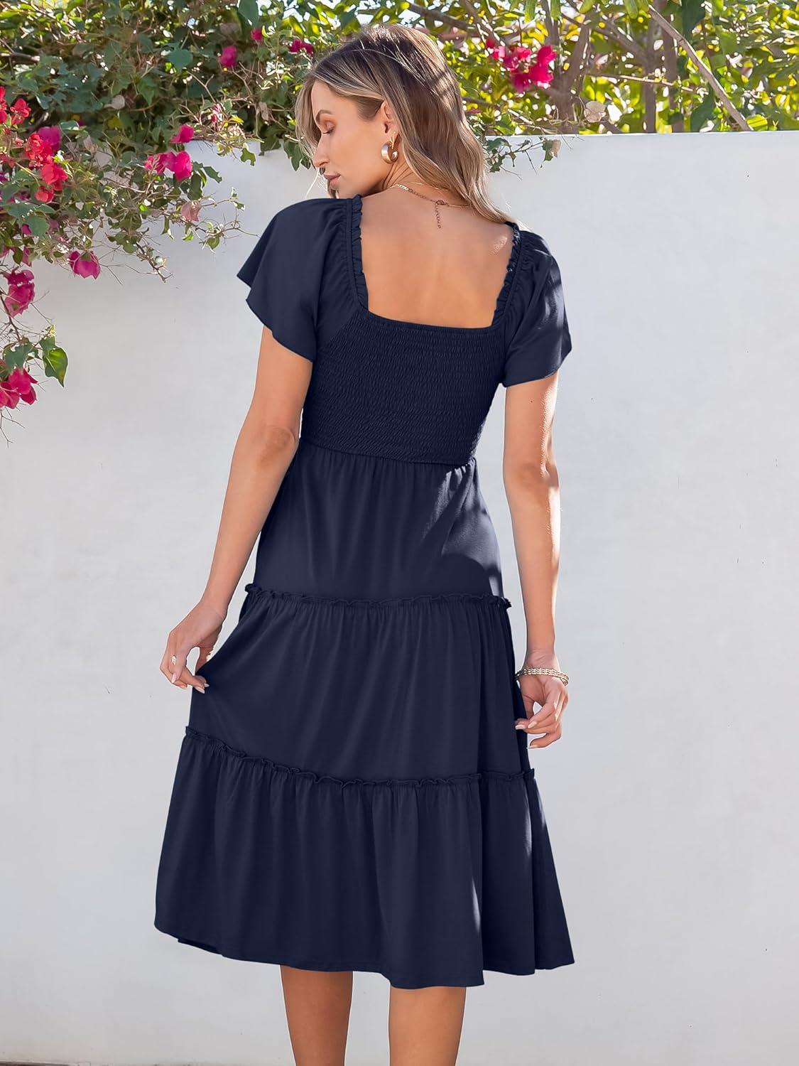 imageANRABESS Women Summer Casual Square Neck Flutter Sleeve Boho Smocked ALine Flowy Tiered Modest Midi Sun Dress with PocketsNavy Blue