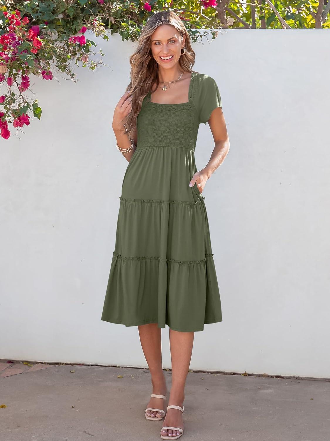 imageANRABESS Women Summer Casual Square Neck Flutter Sleeve Boho Smocked ALine Flowy Tiered Modest Midi Sun Dress with PocketsOlive