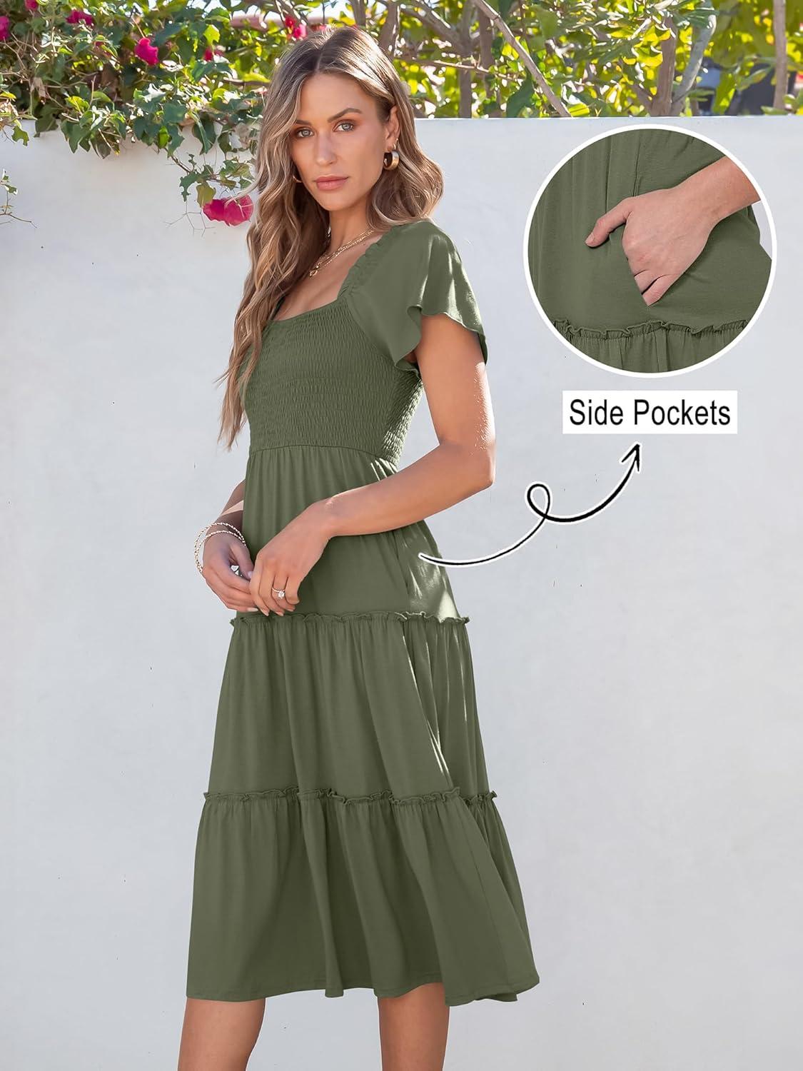 imageANRABESS Women Summer Casual Square Neck Flutter Sleeve Boho Smocked ALine Flowy Tiered Modest Midi Sun Dress with PocketsOlive