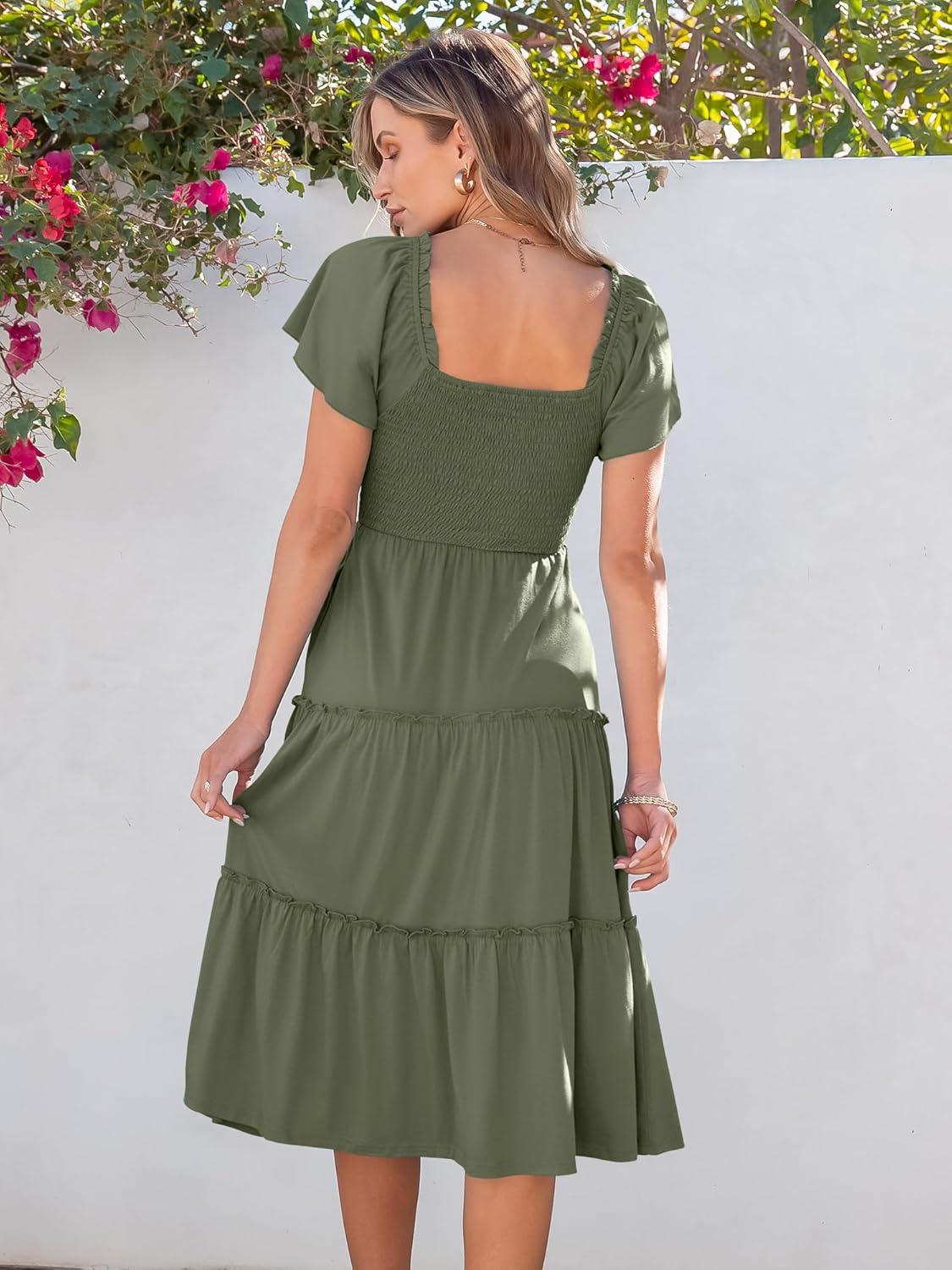 imageANRABESS Women Summer Casual Square Neck Flutter Sleeve Boho Smocked ALine Flowy Tiered Modest Midi Sun Dress with PocketsOlive