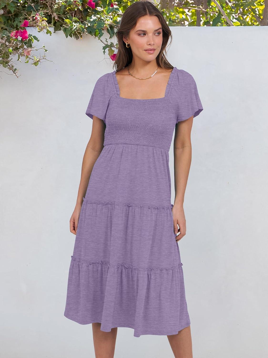 imageANRABESS Women Summer Casual Square Neck Flutter Sleeve Boho Smocked ALine Flowy Tiered Modest Midi Sun Dress with PocketsPurple
