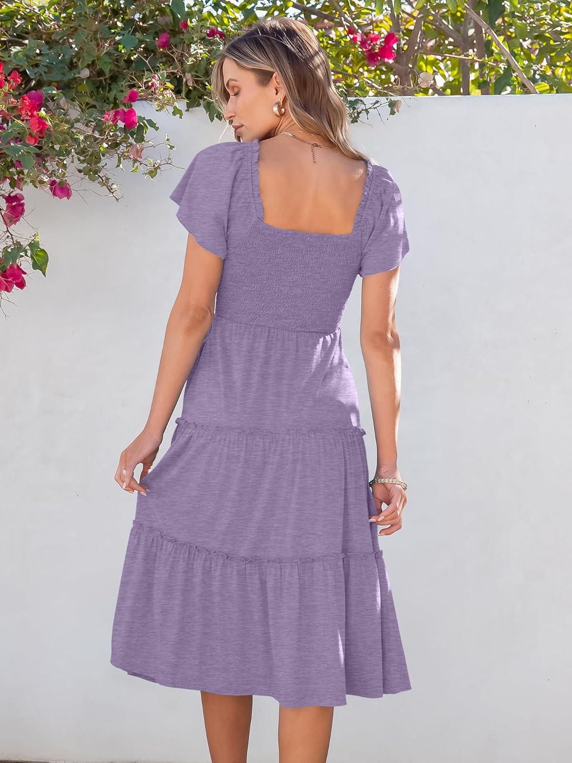 imageANRABESS Women Summer Casual Square Neck Flutter Sleeve Boho Smocked ALine Flowy Tiered Modest Midi Sun Dress with PocketsPurple