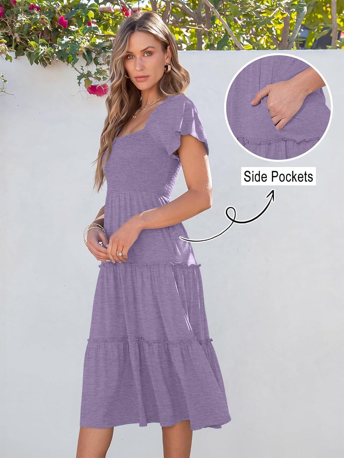 imageANRABESS Women Summer Casual Square Neck Flutter Sleeve Boho Smocked ALine Flowy Tiered Modest Midi Sun Dress with PocketsPurple