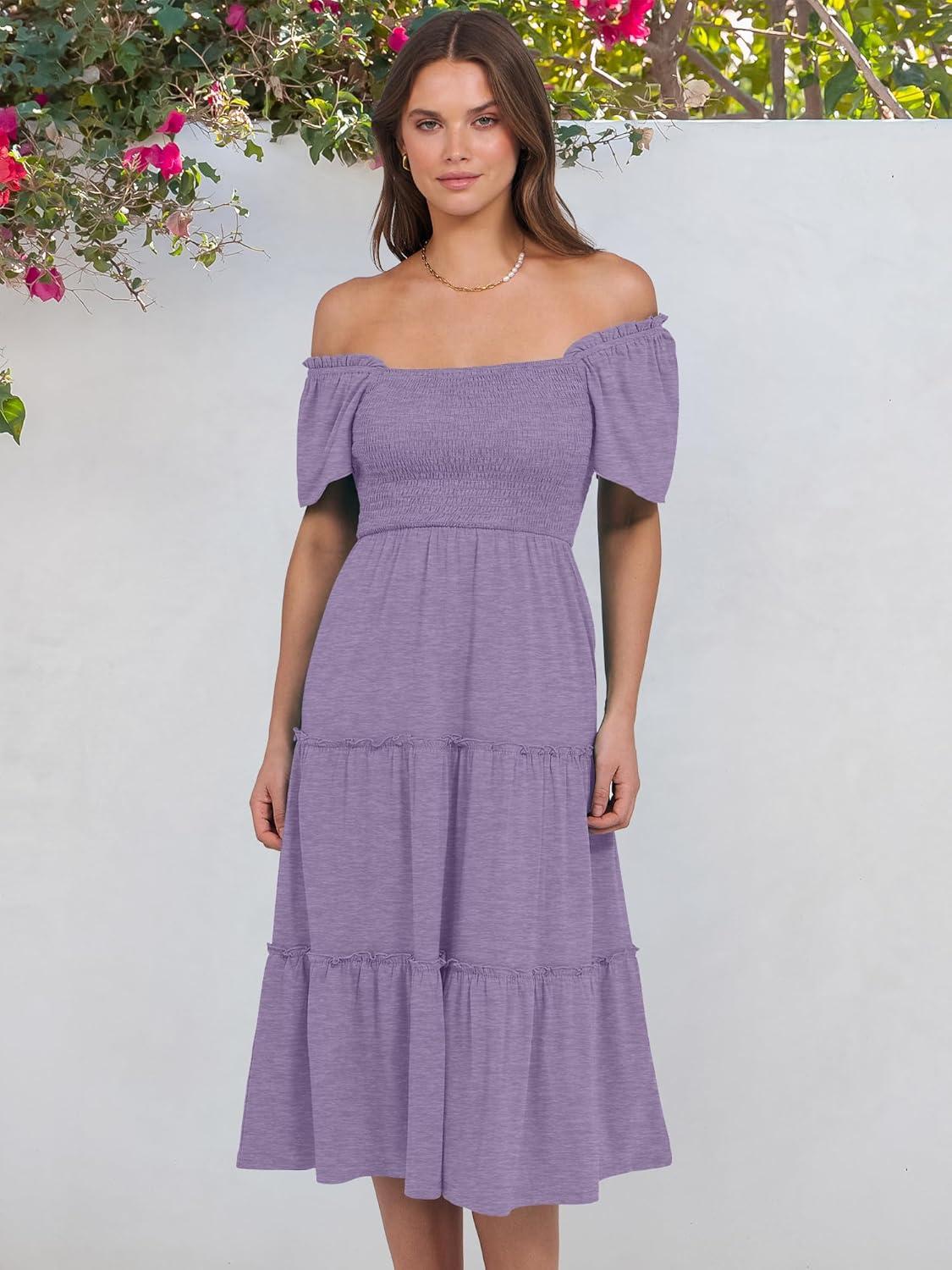 imageANRABESS Women Summer Casual Square Neck Flutter Sleeve Boho Smocked ALine Flowy Tiered Modest Midi Sun Dress with PocketsPurple