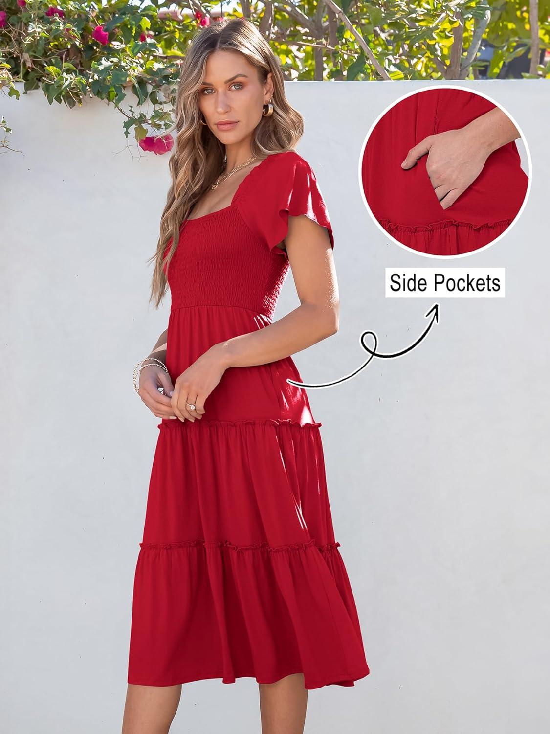 imageANRABESS Women Summer Casual Square Neck Flutter Sleeve Boho Smocked ALine Flowy Tiered Modest Midi Sun Dress with PocketsRed