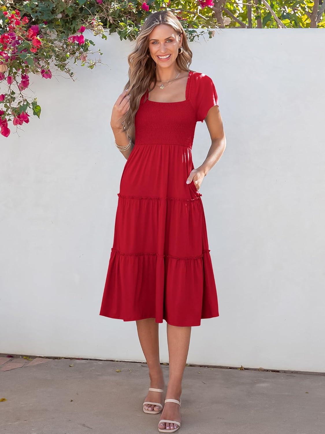 imageANRABESS Women Summer Casual Square Neck Flutter Sleeve Boho Smocked ALine Flowy Tiered Modest Midi Sun Dress with PocketsRed