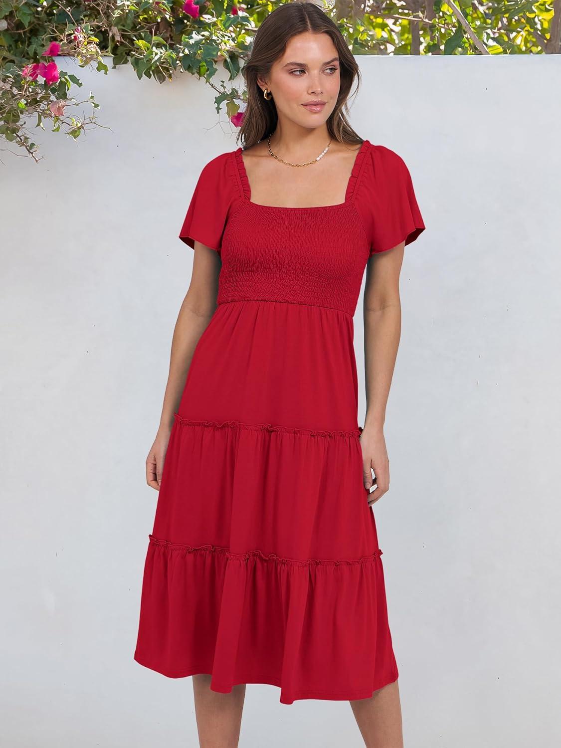 imageANRABESS Women Summer Casual Square Neck Flutter Sleeve Boho Smocked ALine Flowy Tiered Modest Midi Sun Dress with PocketsRed