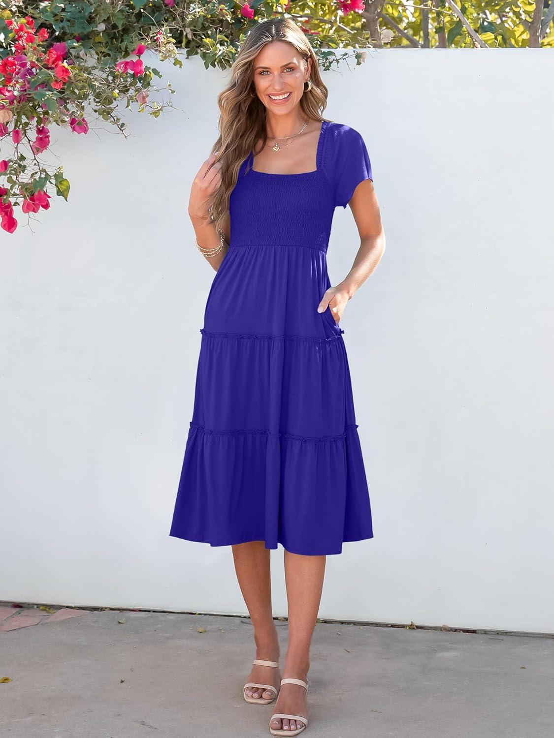 imageANRABESS Women Summer Casual Square Neck Flutter Sleeve Boho Smocked ALine Flowy Tiered Modest Midi Sun Dress with PocketsRoyal Blue